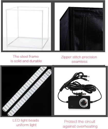 Miniatura 2 de Caja de luz fotográfica para fotografía de 24 x 24 x 24 pulgadas, kit de tienda de campaña con cubo LED regulable para caja de estudio blanca