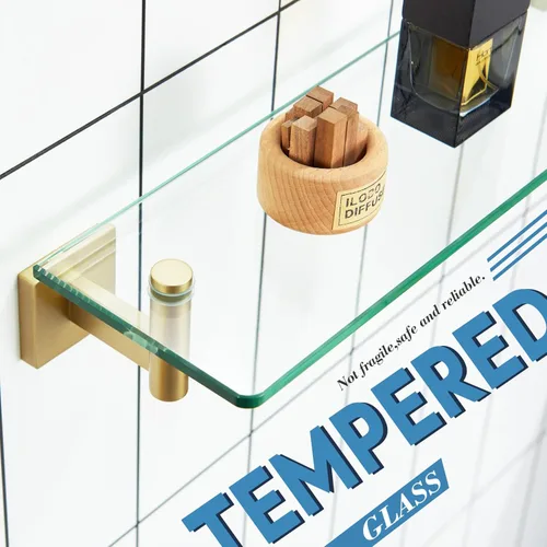 Miniatura 6 de KOKOSIRI Estantes de pared flotantes de acero inoxidable dorado de 12 pulgadas, accesorios de baño de vidrio templado, estante colgante para Oro