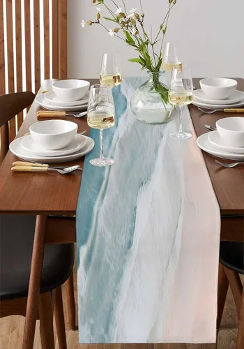 Miniatura 4 de Camino de mesa de playa de verano de 70 pulgadas de largo, bufandas de vestir estilo granja, náutico oceánico, costero, auqa, beige, mesa de comedor
