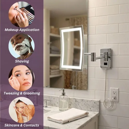 Miniatura 7 de JERDON Espejo de maquillaje rectangular para montaje en pared con aumento 5X, espejo de maquillaje iluminado con cable de alimentación de 6 pies