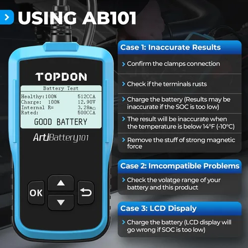 Miniatura 6 de TOPDON AB101 Probador de Batería de Coche 12V Probador de Carga de Batería de Coche en Sistemas de Arranque y Carga, Analizador de Alternador