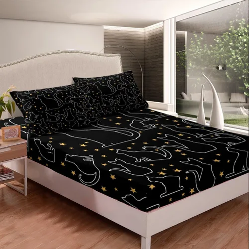 Miniatura 2 de Juego de ropa de cama de dibujos animados de gatos, tamaño individual, sábana bajera ajustable de lindos animales para el dormitorio de niños