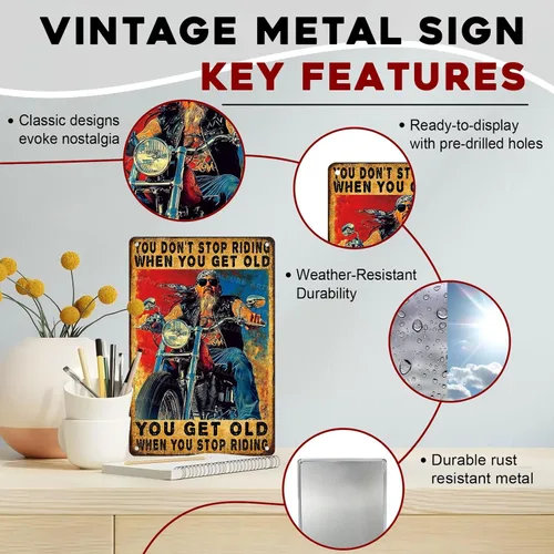 Miniatura 2 de Letrero de metal para motocicleta con texto en inglés "You Don't Stop Riding When You Get Old", regalos vintage para hombres, arte de pared retro