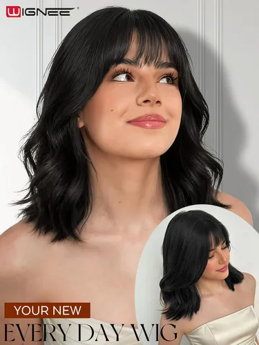 Miniatura 4 de WIGNEE Pelucas onduladas naturales con flequillo, 100% cabello humano brasileño, pelucas onduladas de moda, color negro natural