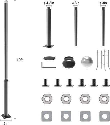 Miniatura 6 de HYKOONT Poste de luz de calle de 10 pies de alto, poste de aluminio de hierro negro, accesorio de poste de luz solar para exterior de la casa