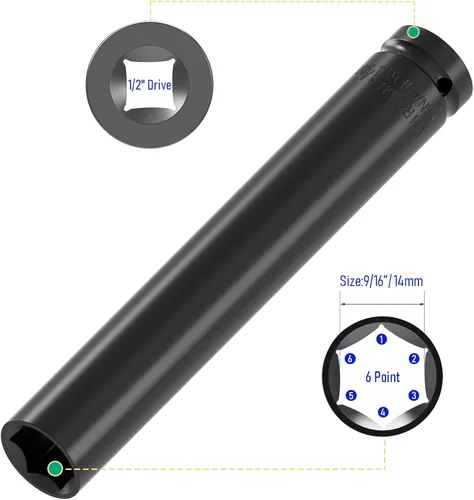 Miniatura 2 de Juego de accesorios para llaves de 1/2" de pulgada, 14mm (9/16") de profundidad, llave de impacto de 6 puntas de 6 pulgadas de longitud y adaptador
