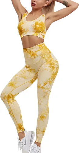 Miniatura 3 de YuMENo Conjuntos de entrenamiento de teñido anudado para mujer, 2 piezas, sin costuras, cintura alta, leggings de yoga con brasier deportivo, ropa