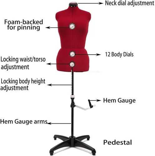 Miniatura 2 de BHD BEAUTY Forma de Vestido de Maniquí de Tela Femenina Ajustable Roja con 13 Diales para Costura, Torso Corporal de Maniquí con Soporte de Trípode