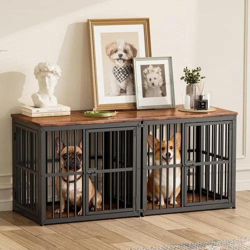 Miniatura 13 de Lyromix 94.48'' Mueble de jaula para perros de raza grande con soporte para TV de dos habitaciones, mesa auxiliar de jaula para perros de madera