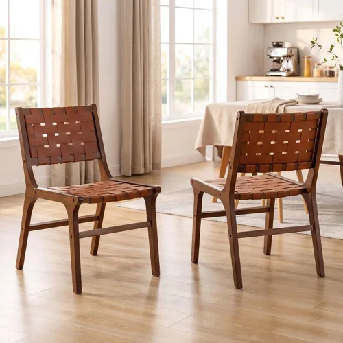 Juego de 2 sillas de comedor de cuero tejido, modernas de mediados de siglo, sillas de comedor de madera maciza con asiento de correa de cuero Marrón