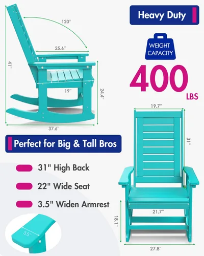 Miniatura 3 de BRIOPAWS Outdoor Rocking Chairs Set of 2 HDPE Plastic Porch Rockers Aqua Oversized Patio Rocker Chair High Back for Big Man Weather