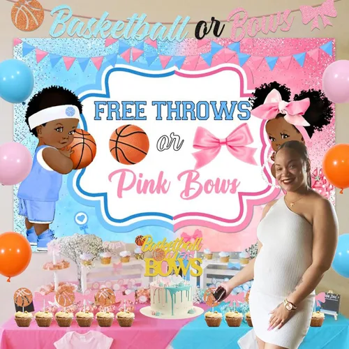 Miniatura 2 de Decoraciones de baloncesto o moños para revelación de género – telón de fondo de mantas gratis o lazos rosados, pancarta, decoración de pastel