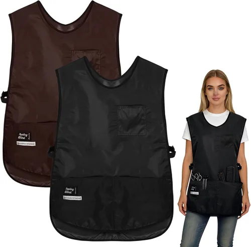 2 delantales de peluquero impermeables para estilista, sin mangas, delantal de cosmetología, 4 bolsillos para mujeres y hombres, correa lateral con