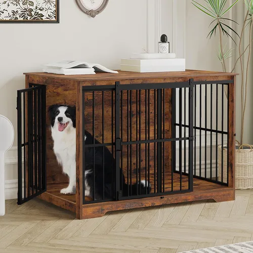 Miniatura 13 de Hzuaneri XXL Mueble de jaula grande para perros, mueble de perrera de interior de 46.9" con puerta de granero, jaula alta de madera para perros
