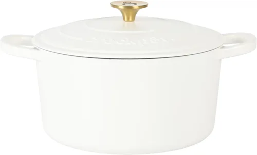 Crock Pot Artisan - Olla holandesa redonda esmaltada europea de 6 cuartos de galón con tapa - Blanco lino mate con perilla dorada Blanco de lino