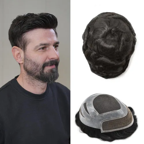 Miniatura 11 de Sistema de cabello frontal de encaje francés para hombres, tupé duradero para hombre, línea capilar natural, fino mono tupé para hombres, protesis