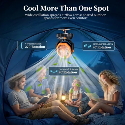 Miniatura 2 de AJVV Ventilador de camping con luz, control remoto y oscilación, ventilador colgante de tienda de campaña a batería, recargable portátil para Naranja