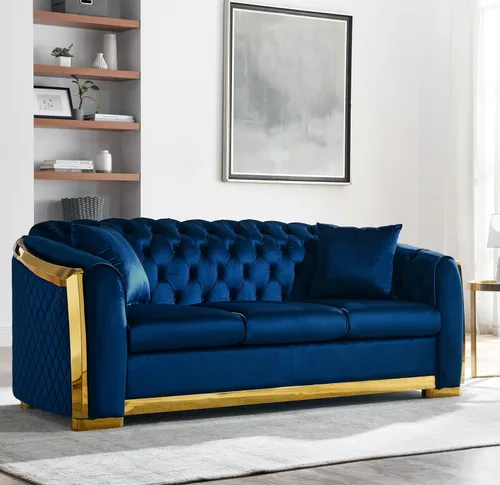 Miniatura 24 de KEIKI Sofá Chesterfield de terciopelo de lujo de gran tamaño de 81 pulgadas con decoración de acero inoxidable dorado, sofá de 3 plazas
