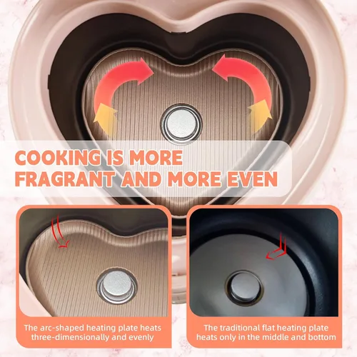 Miniatura 4 de Peach - Olla arrocera en forma de corazón para 8 tazas cocidas, 4 tazas de arroz crudo, multifuncional, 300 W, con temporizador preestablecido, 1.8