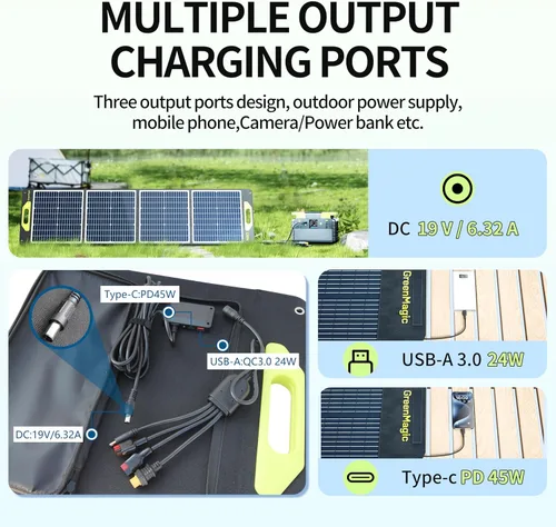 Miniatura 4 de Greenmagic Panel Solar Portátil de 120W 19V, Kit de Paneles Solares Plegables de 120W con Soportes Ajustables, Impermeable IP65 para Camping