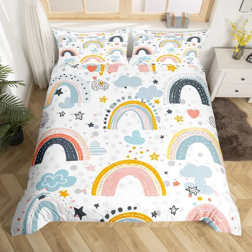 Miniatura 9 de Decoración de habitación kawaii, juego de funda de edredón arcoíris para niñas, tamaño individual, para niños y niños, lindo diseño de nubes
