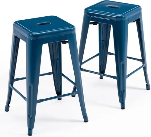 Miniatura 22 de Vogue Furniture Direct 24" Taburetes de bar de metal sin respaldo negros para interiores/exteriores, altura para encimera con asiento cuadrado