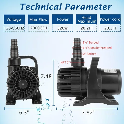 Miniatura 4 de WaterRebirth (7000GPH-320W, UL listado) Fuente grande Sumergible Estanque de agua Sumergible Bomba de sumidero de acuario Bomba de cascada eléctrica