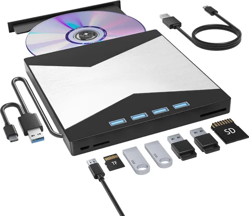 Wbacon Unidad externa de CD/DVD para portátil, reproductor de DVD para portátil, grabadora de CD ultrafina 8 en 1 con 4 puertos USB y 2 ranuras para