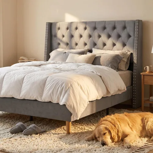 Miniatura 17 de Base de cama matrimonial con cabecera de almacenamiento con respaldo alado de 51.8 pulgadas, plataforma tapizada gris con estación de carga (tipo C)