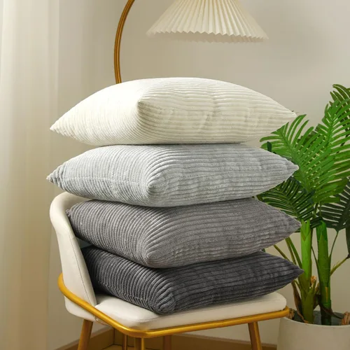 Miniatura 22 de Lewondr - Fundas de almohada de pana, juego de 4 fundas cuadradas de 22x22 pulgadas, con diseños a rayas modernas, para sofá, sala de estar, Marrón