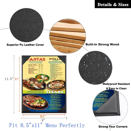Miniatura 6 de Fundas de cuero para menú con madera fuerte en el interior para 8.5 x 11 pulgadas, soporte de cuero para menú de una sola vista para restaurante