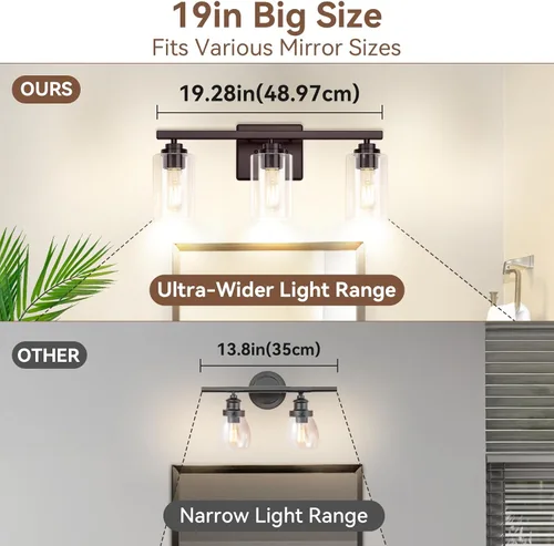Miniatura 6 de Lámparas de baño de 3 luces, 19 pulgadas, modernas luces de tocador sobre espejo con pantallas de vidrio transparente, accesorio de luz marrón