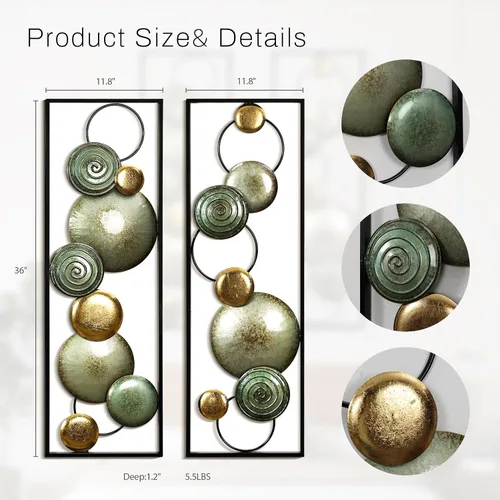 Miniatura 7 de LuxenHome - 2 piezas de arte de pared de metal, círculos multicolor de 36 x 12 pulgadas, decoración de pared rectangular abstracta de metal
