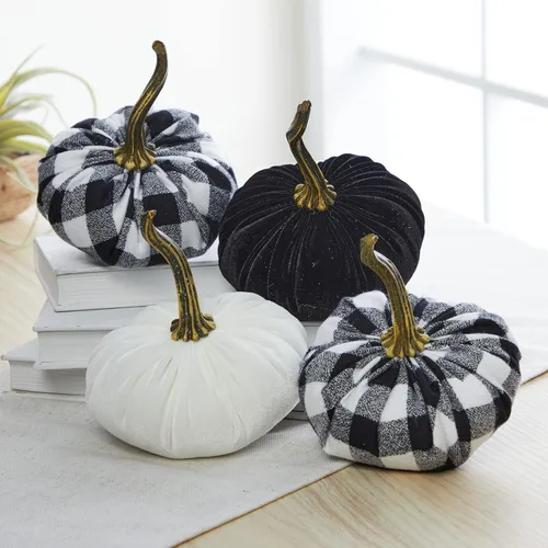 Miniatura 2 de Juego de 4 pequeñas calabazas de franela de terciopelo y algodón, decoración a cuadros de búfalo blanco y negro, estantes de calabaza negra