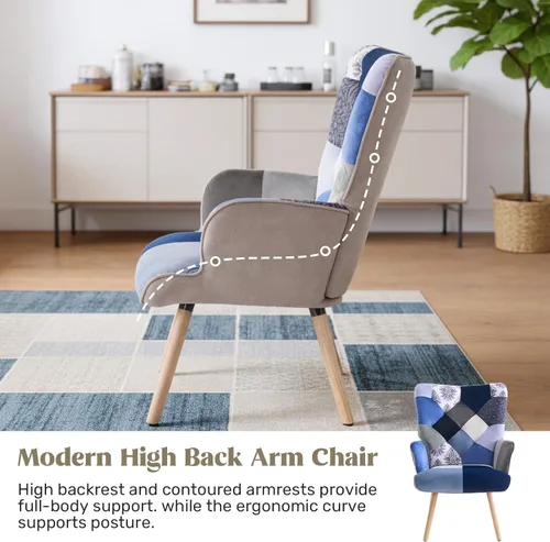 Miniatura 6 de Joysoul Silla decorativa para sala de estar, sillón moderno con respaldo alto, silla de tela de retazos bohemios, silla de lectura tapizada colorida
