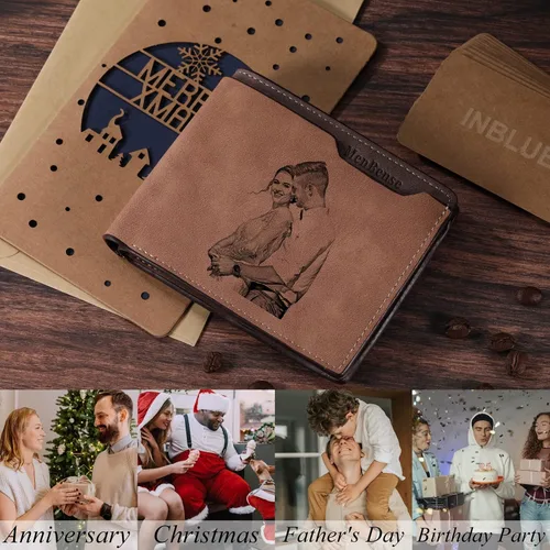 Miniatura 6 de INBLUE Billetera plegable grabada personalizada, cartera de cuero personalizada con foto y texto grabado, regalos para hombres, marido, papá, hijo