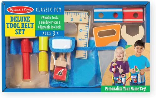 Miniatura 6 de Melissa & Doug Set de cinturón de herramientas de lujo, 5 herramientas de madera, 8 piezas para construir, cinturón ajustable