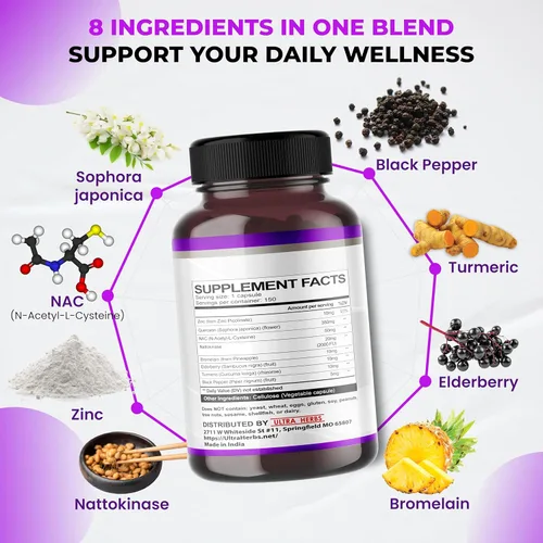 Miniatura 4 de Suplemento de quercetina con bromelina, vitamina C y zinc, nattoquinasa, NAC, saúco, saúco Complejo ultra antioxidante 8 en 1 para la salud inmune