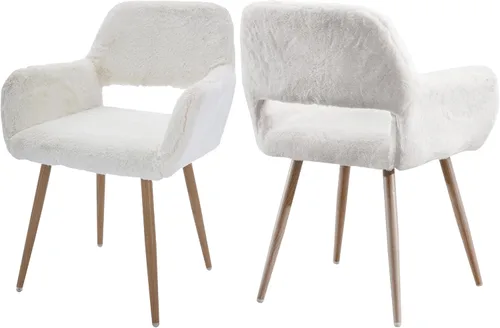 Juego de 2 sillas de escritorio peludas, modernas sillas de oficina en casa sin ruedas, silla de tocador de piel sintética con respaldo hueco, Blanco