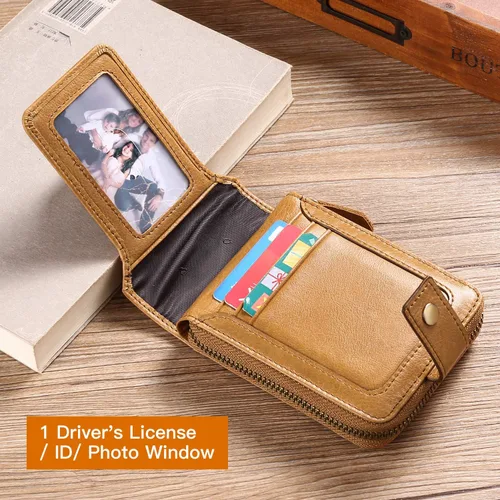 Miniatura 22 de GOIACII Cartera con cremallera para hombre, de piel auténtica, con bloqueo RFID, con cremallera, bolsillo para monedas, para identificación, con Café