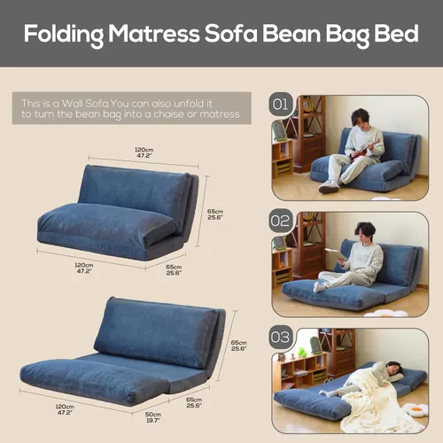 Miniatura 6 de N&V Sofá Cama de Bolsa de Frijoles Plegable, Colchón de Espuma Plegable, Incluye Funda Desmontable y Lavable a Máquina, Suave Forro de Pelo Azul
