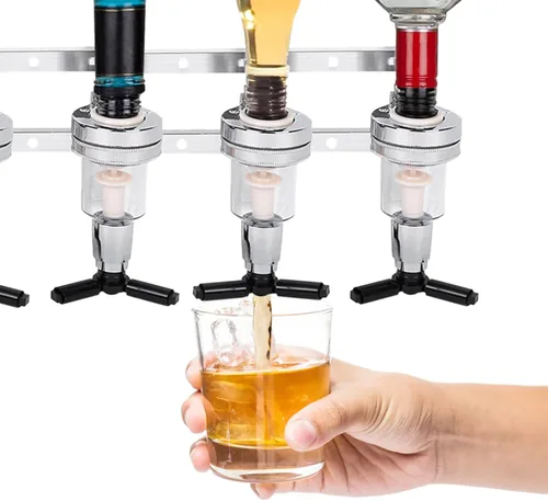 Miniatura 2 de Dispensador de licor de 6 botellas montado en la pared, soporte de bebidas de acero inoxidable para el hogar, bar, pub, vertido preciso, ahorro