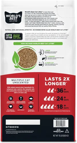 Miniatura 2 de WORLD'S BEST CAT LITTER Múltiples gatos sin perfume, 15 libras, ingredientes naturales, aglutinación rápida, desechable, 99% libre de polvo