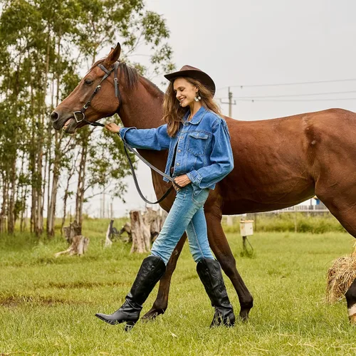 Miniatura 5 de Mostrin Botas vaqueras bordadas para mujer, botas vaqueras con punta puntiaguda, botas altas hasta la rodilla, tacón grueso, botas occidentales
