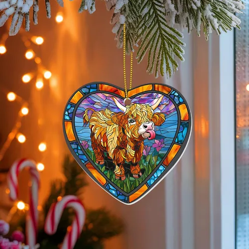 Miniatura 5 de 1 pieza Adorno de vaca de tierras altas de cerámica con 2 lados impresos 2025, Adorno de árbol de Navidad con forma de corazón, lindo recuerdo