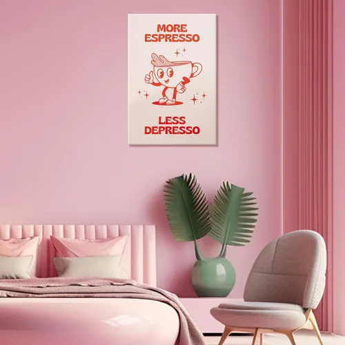 Miniatura 2 de Póster retro con texto en inglés «More Espresso Less Depresso», bonita taza de café de dibujos animados, citas rojas, arte de pared, divertido