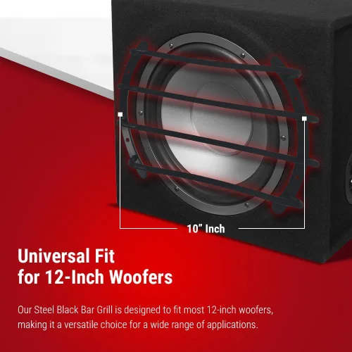 Miniatura 4 de Bbox Parrilla de barra negra de acero resistente diseñada en Estados Unidos con acabado negro mate y cromado, ideal para woofers de 12 pulgadas