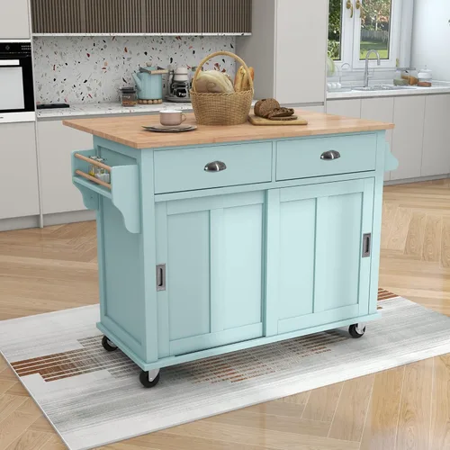 Miniatura 30 de Delicate Rolling Kitchen Island Cart with Rubber Wood Drop-Leaf Countertop and Lockable Rollers,Storage Cabinet and 2 Drawers,Sliding Barn Door
