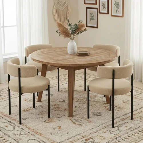 Miniatura 5 de Juego de 2 sillas de comedor Boucle, sillas de comedor beige con asiento tapizado y respaldo redondo, sillas de cocina modernas de mediados de siglo