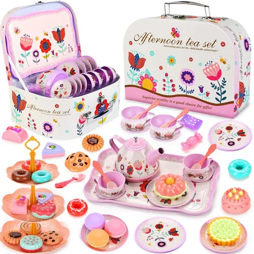 Lajeje Juego de fiesta de té para niños pequeños y niñas de 3 a 6 años - Juguete de cocina de princesa con juego de té de lata, postres y estuche de